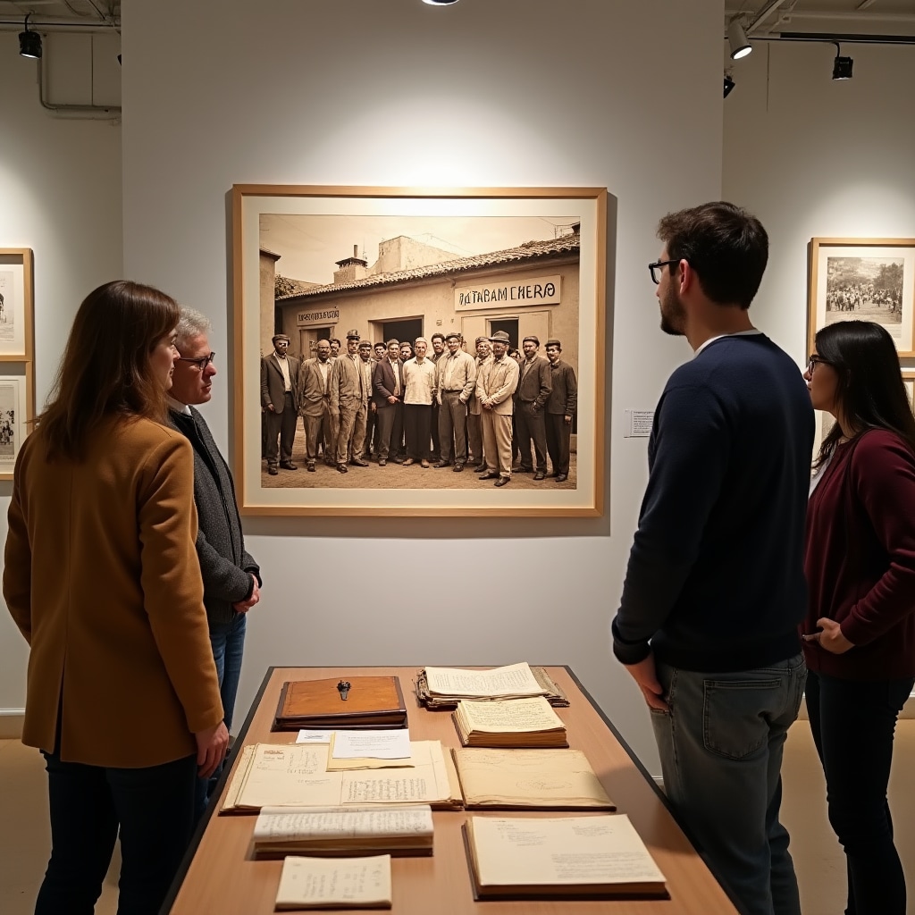 Historical photograph of early Argentine cooperative members with archival documents