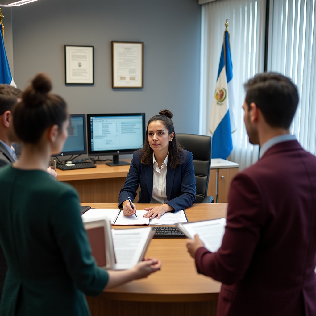 Administrative office with cooperative founders submitting registration documents to regulatory official