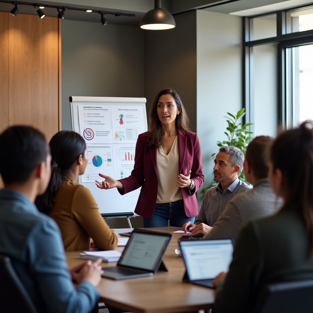 Educator presenting financial concepts to diverse group of community members in workshop setting