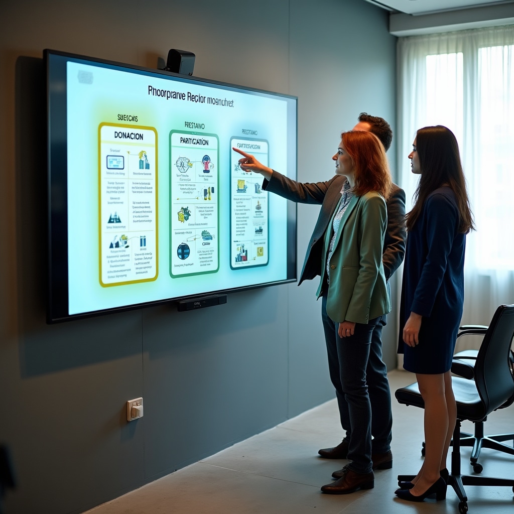 Educational diagram showing three financing models with community members reviewing documents