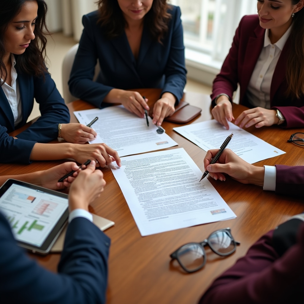 Group of cooperative members reviewing loan documentation together